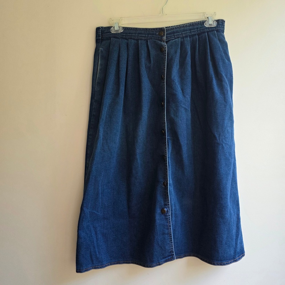 Vintage Y2K Western Denim Midi Skirt Blue Button Front Pleated Equestrian 16